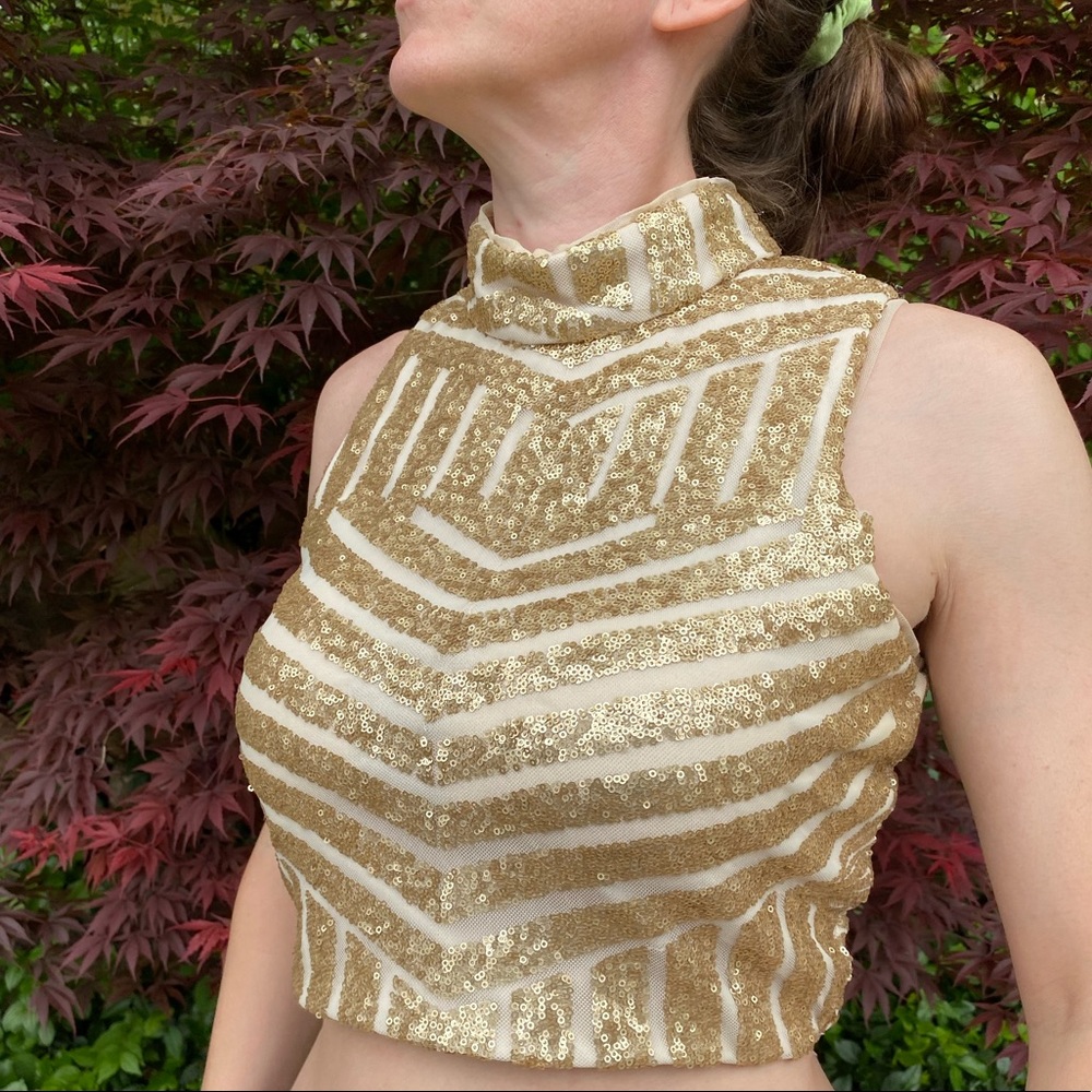 Social Code Gold Shiny Sequined Open Back Crop Top - image 5